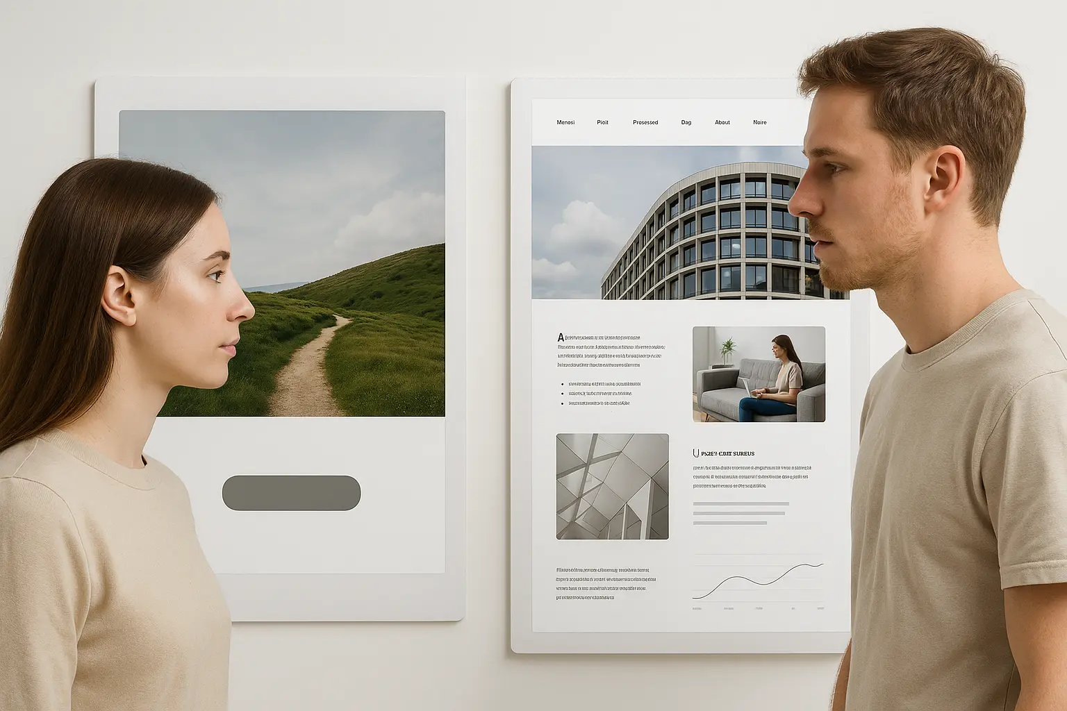 Dwa interfejsy: landing page i strona firmowa.