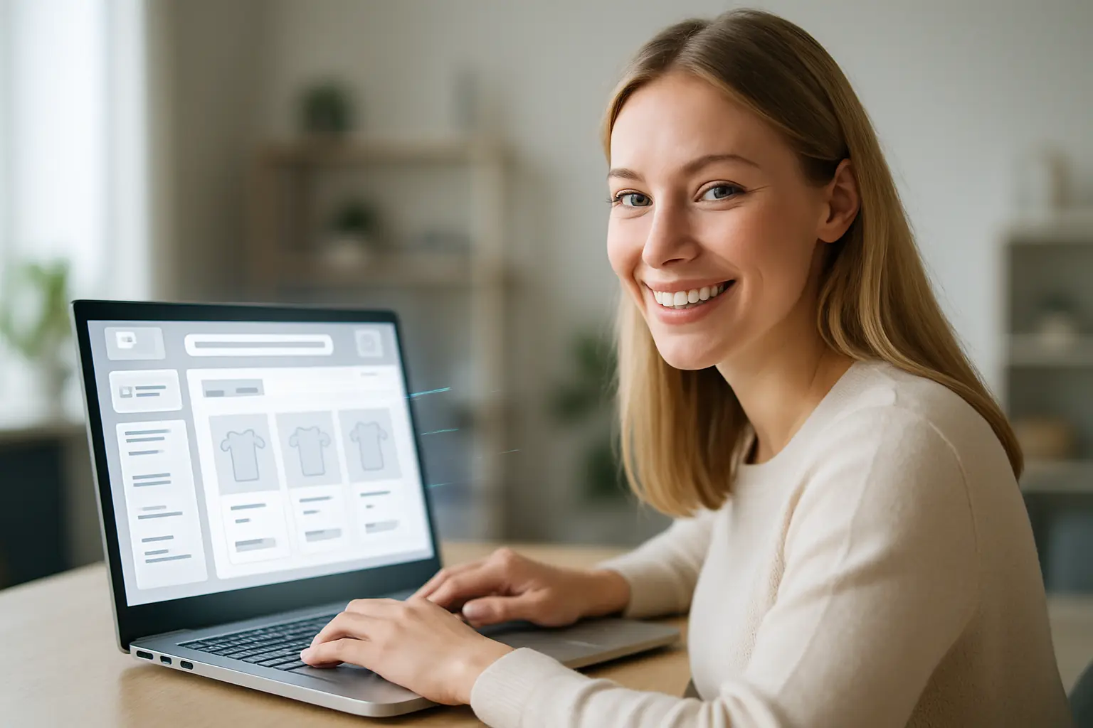 Młoda kobieta pracuje na laptopie w sklepie online.