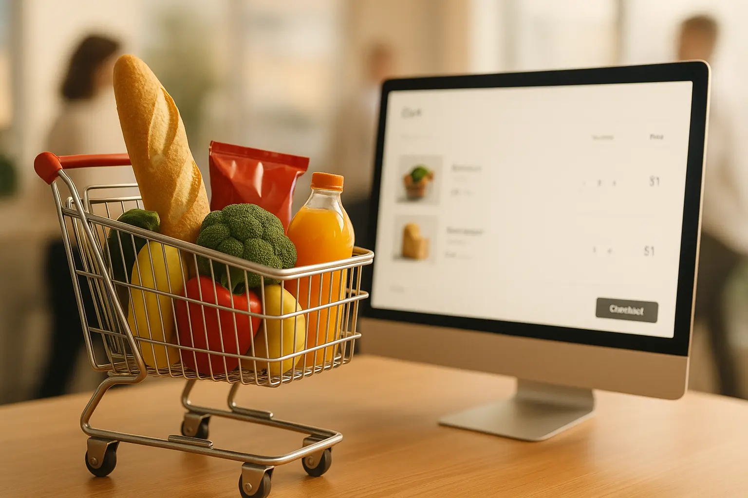 Pusty koszyk na zakupy i ekran komputera