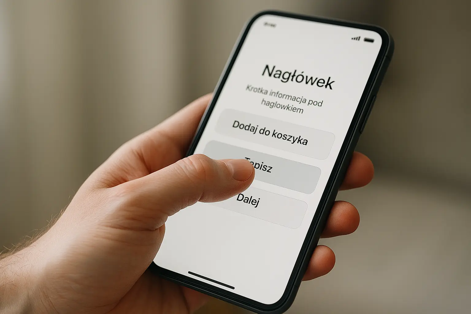 Dłoń na smartfonie, interakcja z aplikacją.