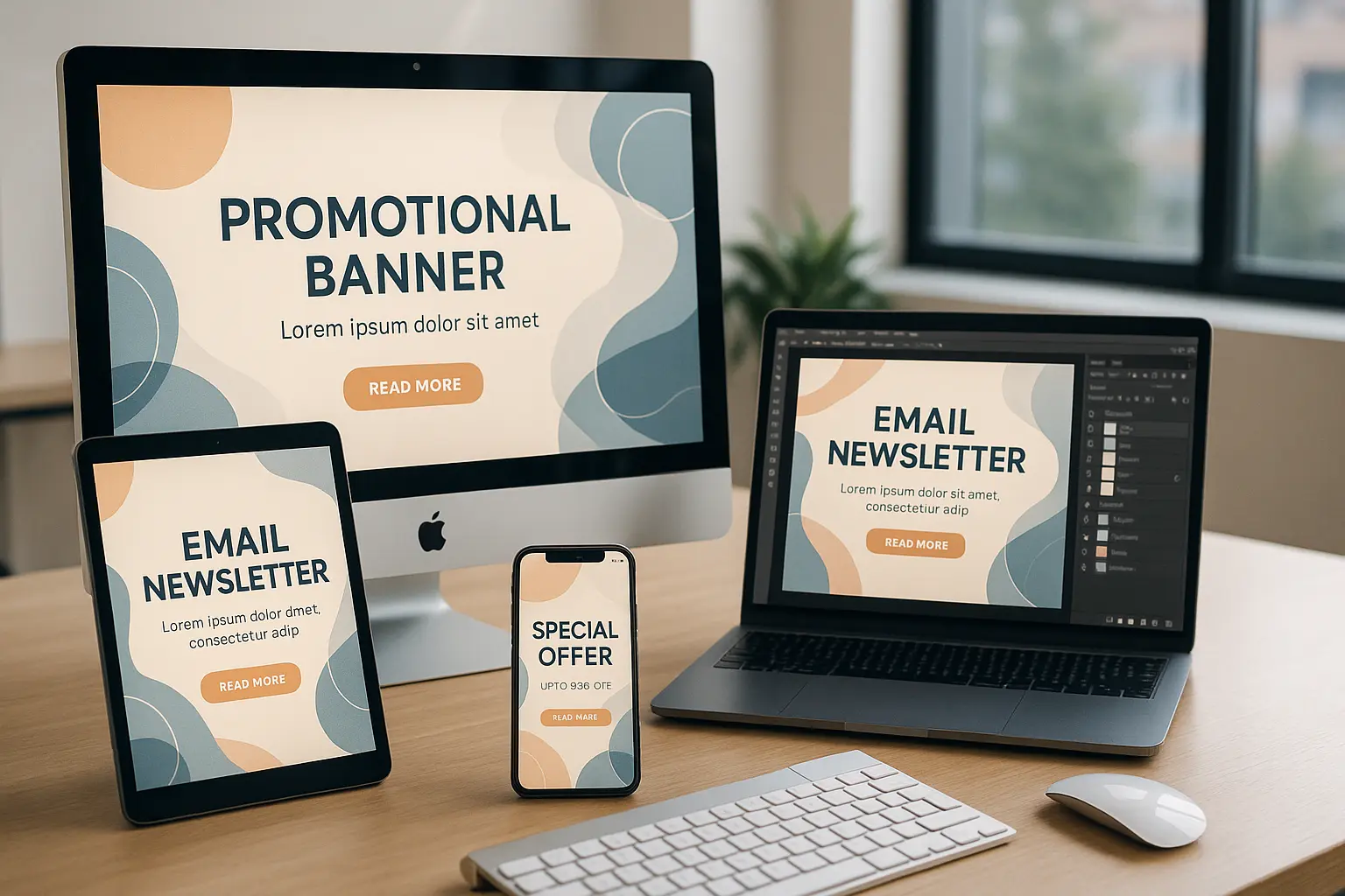 Spójne banery reklamowe na ekranach.