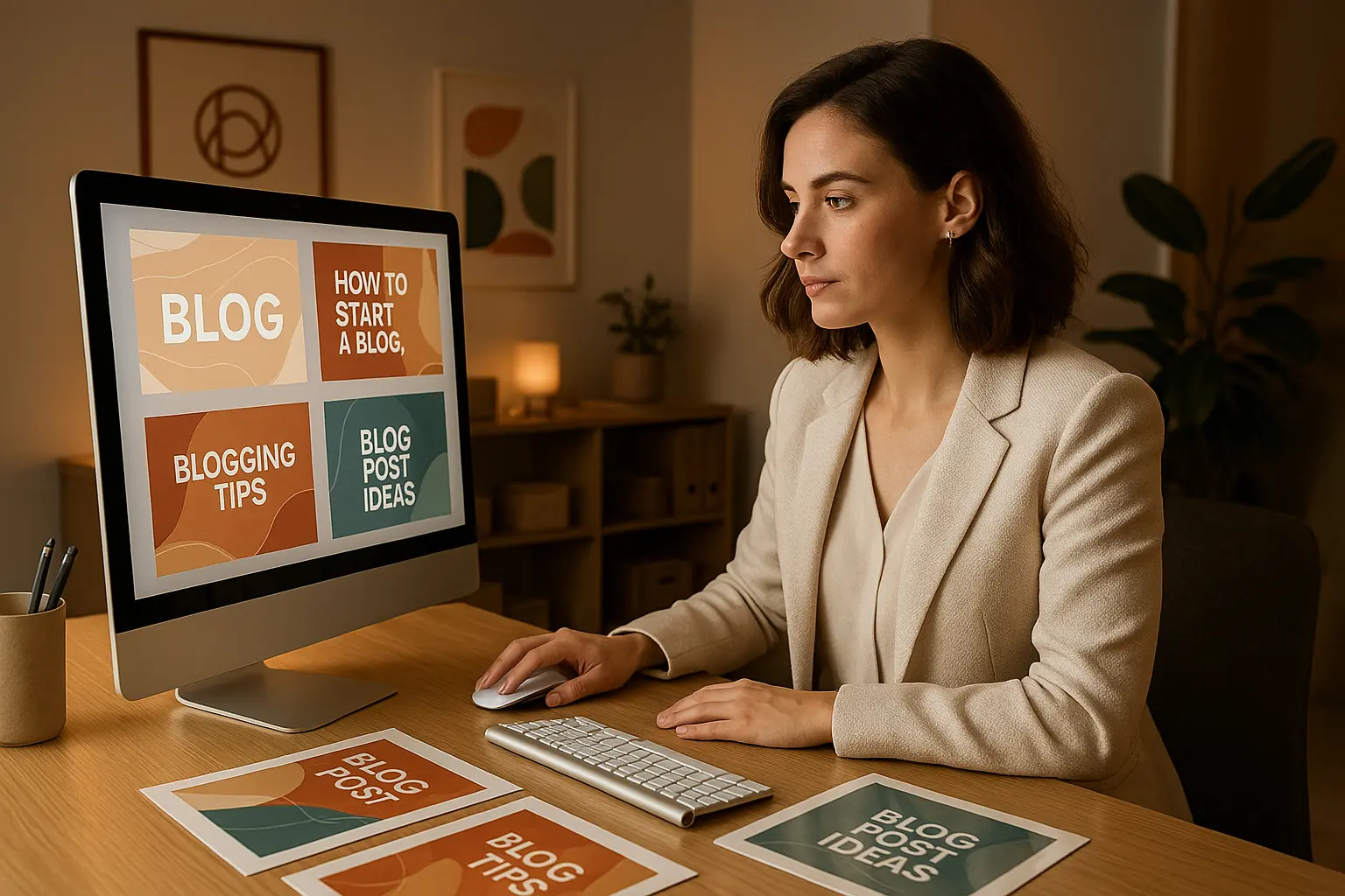 Europejka w biurze, projektuje okładki.