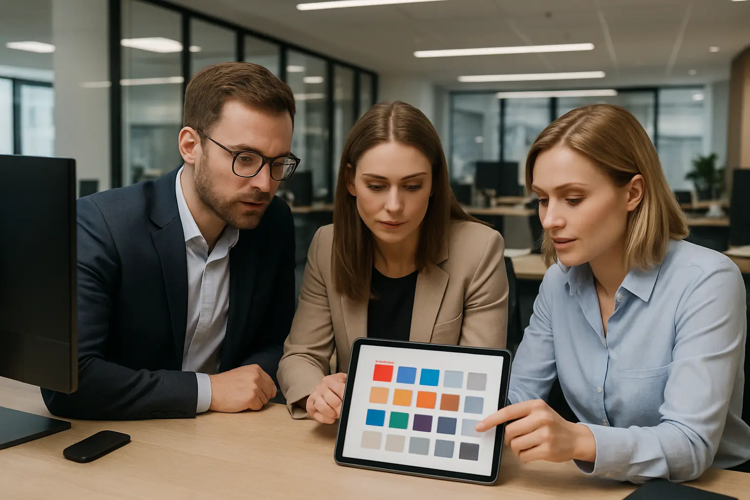 Nowoczesne biuro, zespół przy tablecie.