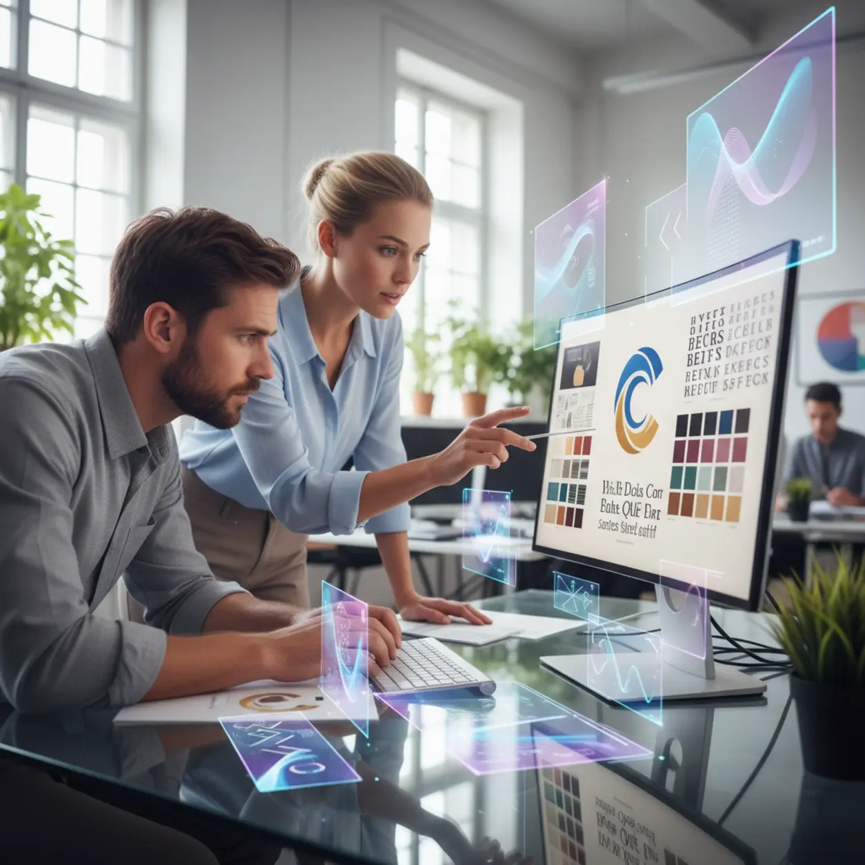 Dwoje osób w biurze przy monitorze z logo.