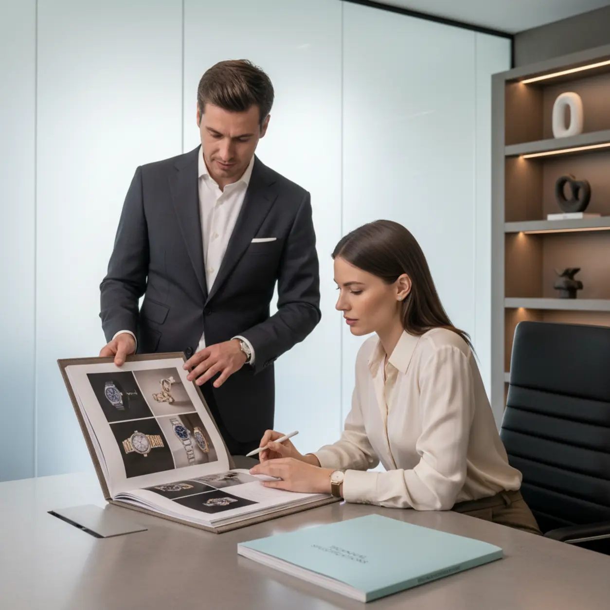 Prezentacja katalogu, profesjonaliści, minimalistyczne biuro.