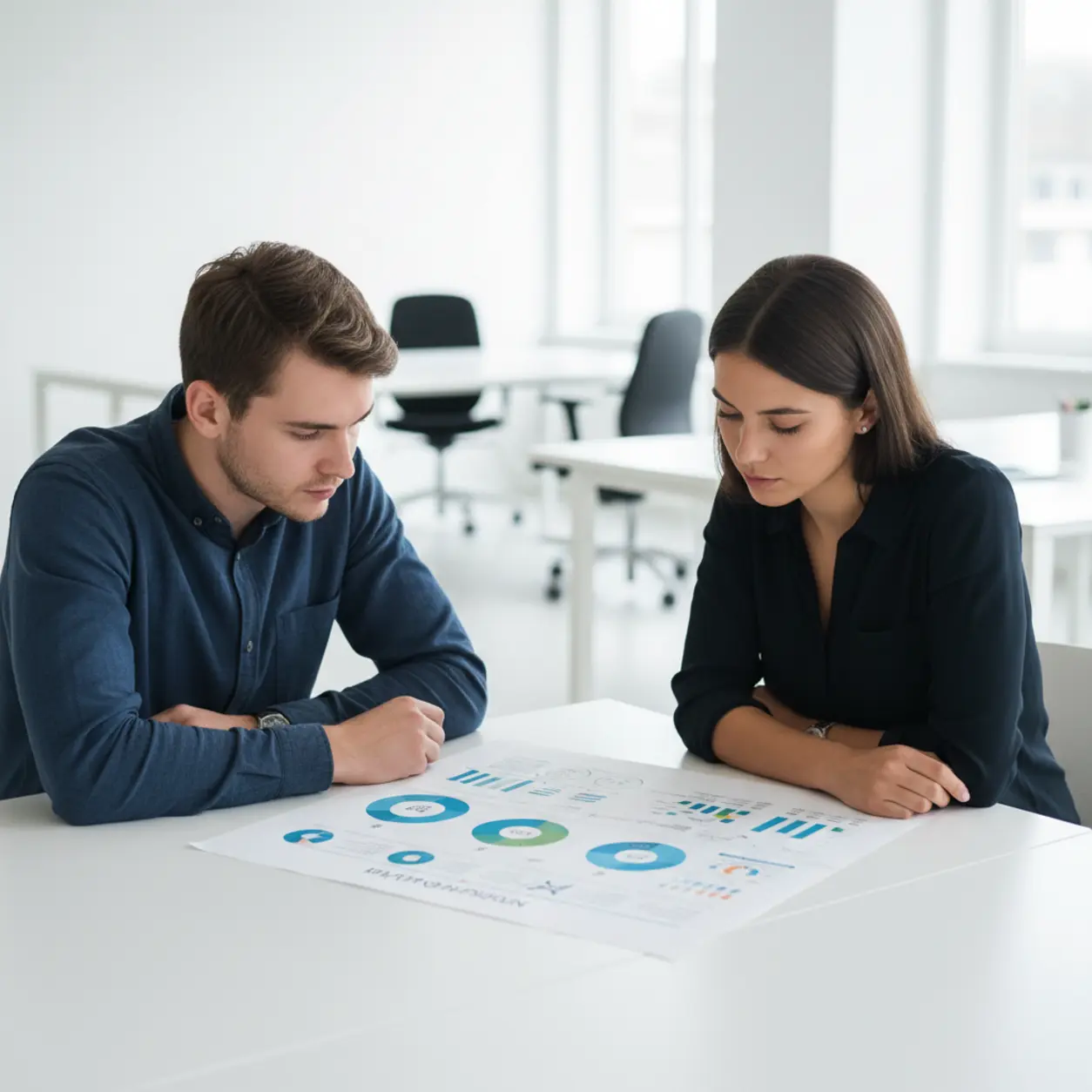 Biali Europejczycy analizują infografikę w biurze.