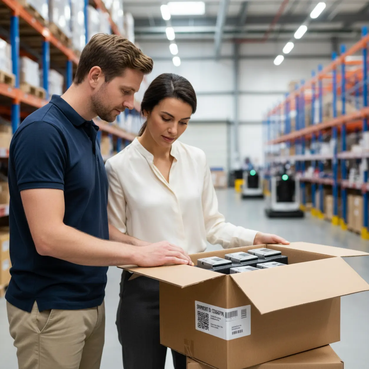 Mężczyzna i kobieta przy pudełku logistycznym.