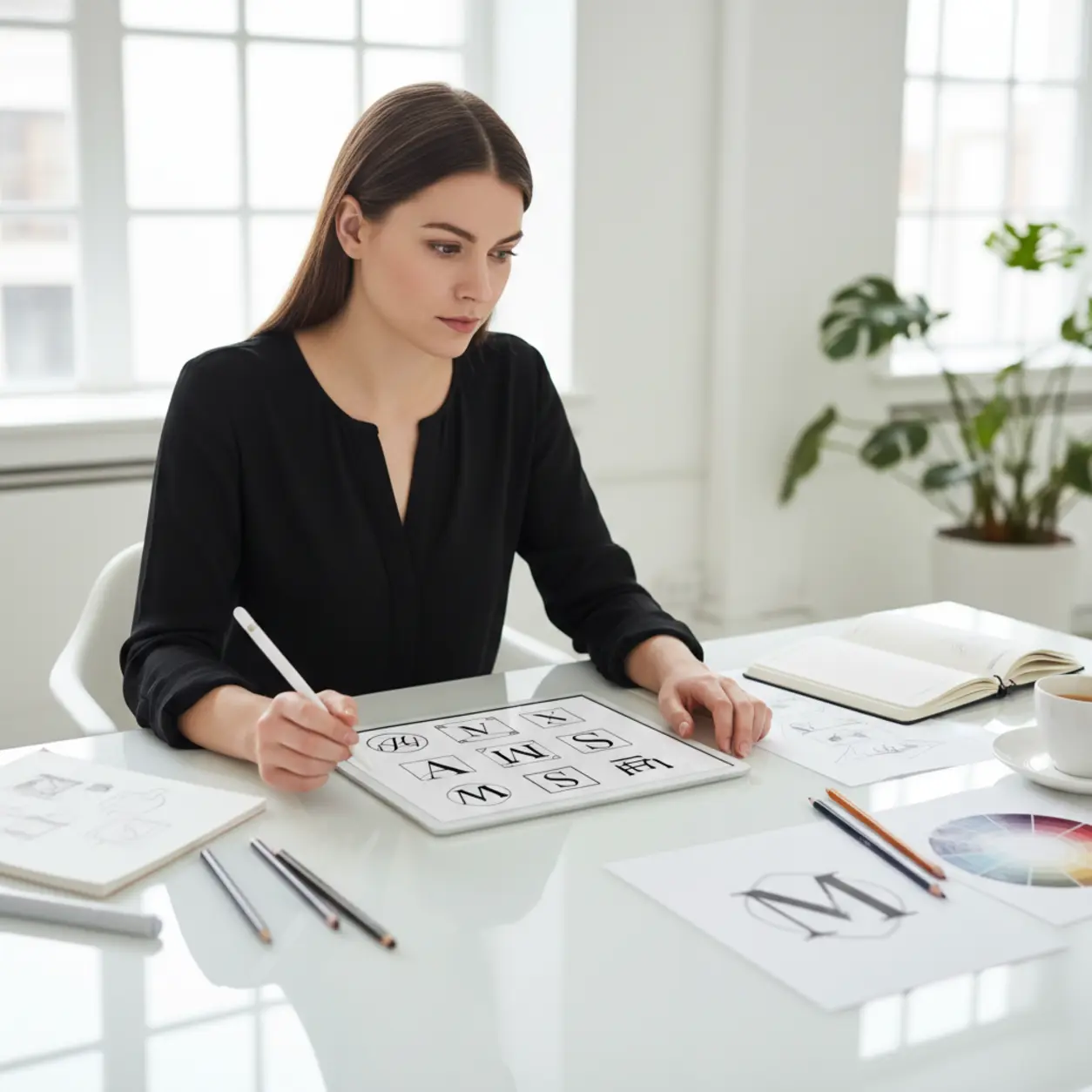 Kobieta projektantka, tablet, logo, studio.