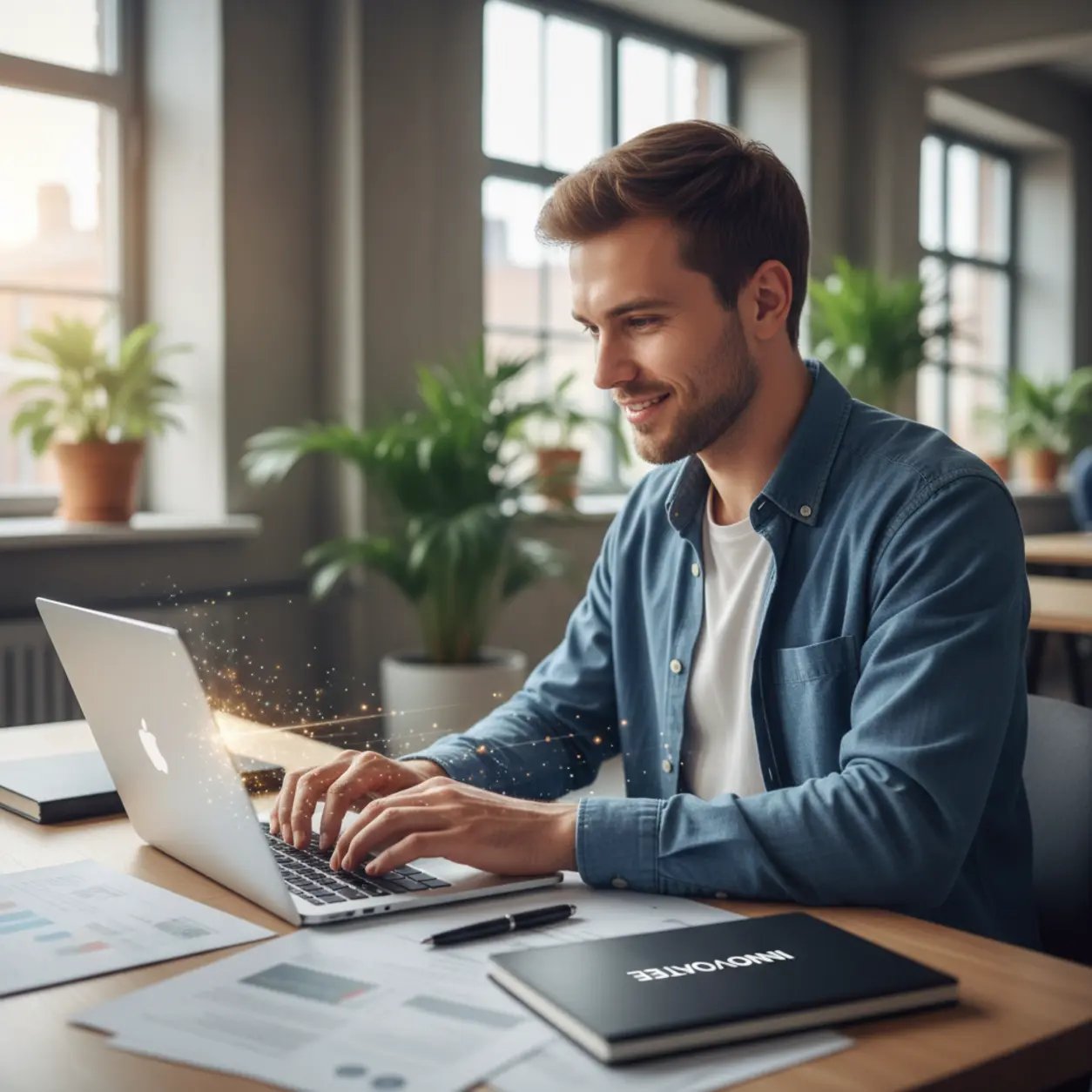 Młody europejczyk pracuje w nowoczesnym biurze.