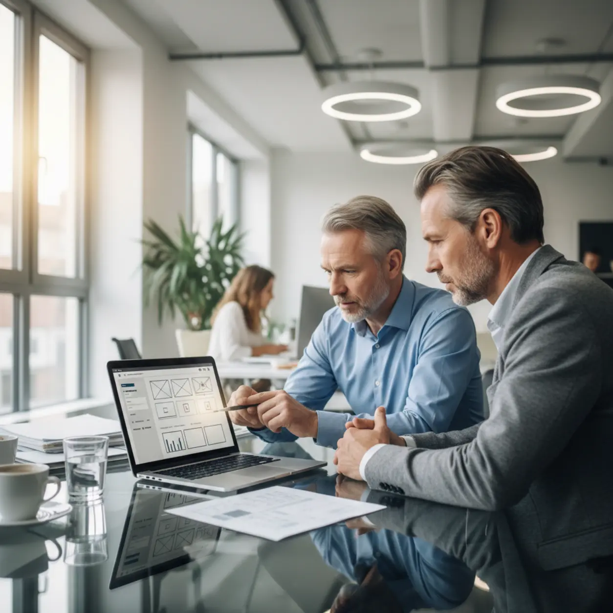 Dwóch mężczyzn omawia projekt interfejsu