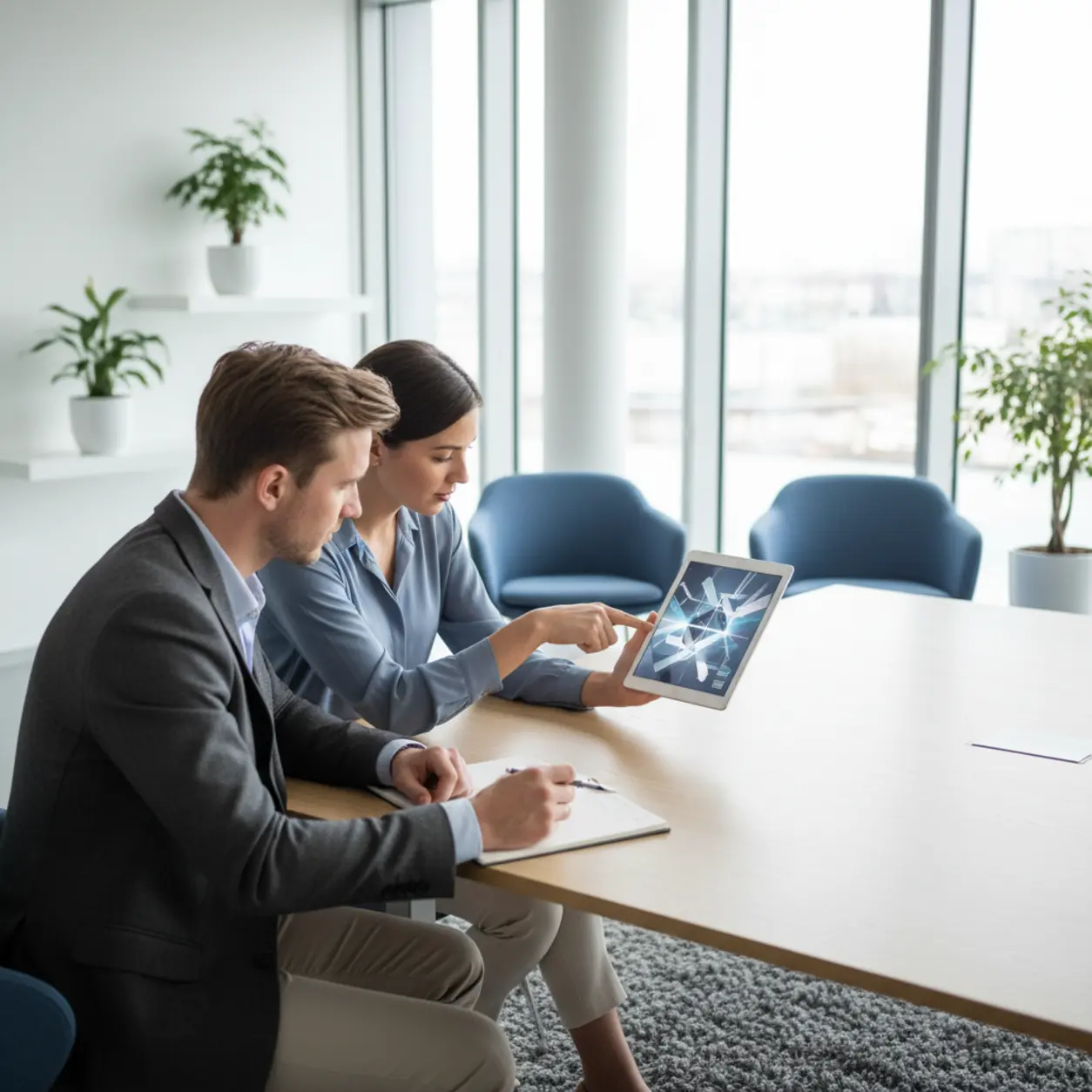 Nowoczesne biuro, dyskusja, tablet, design.