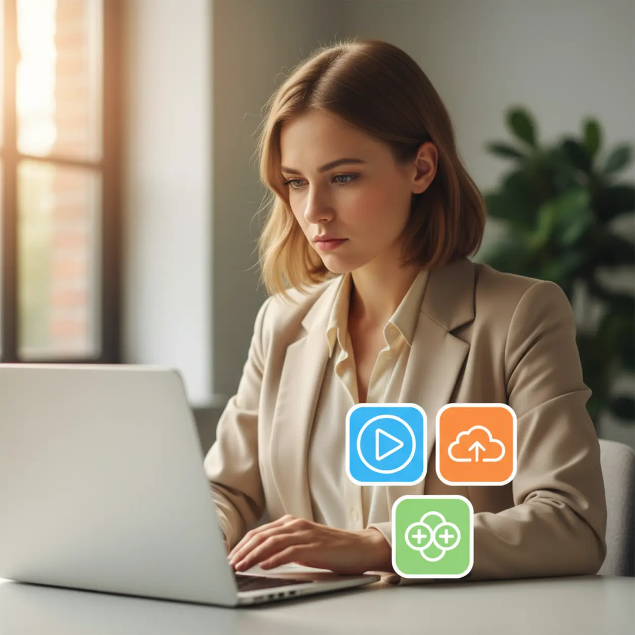 Kobieta przy biurku, skupiona, minimalistyczne ikony.