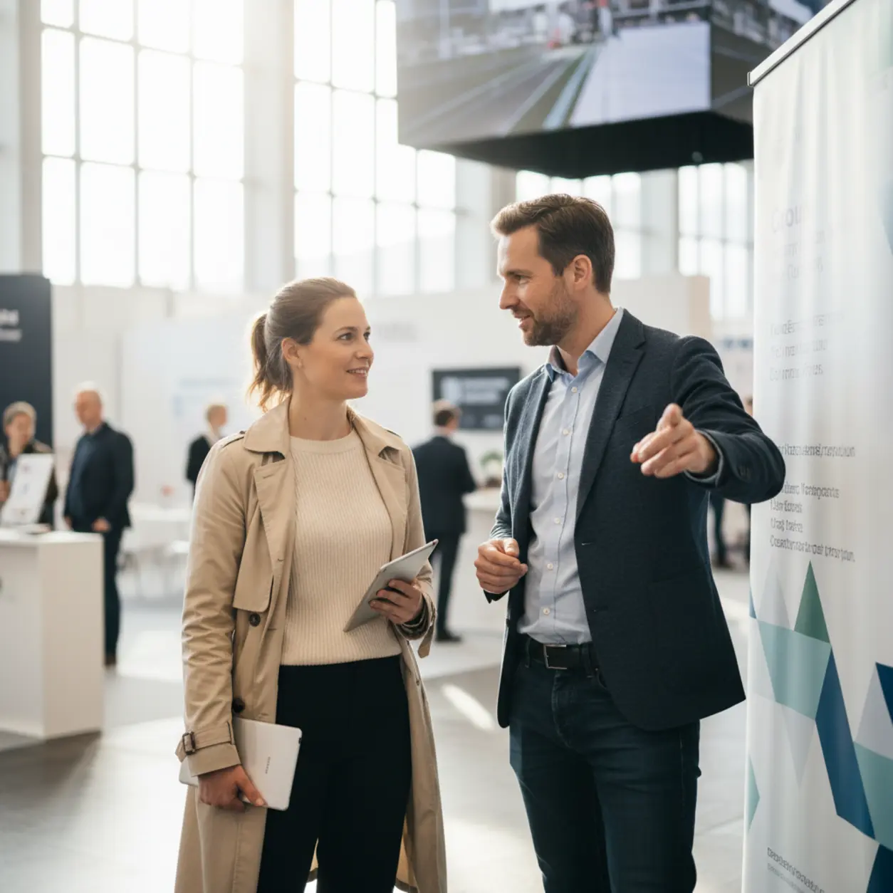 Dwoje profesjonalistów dyskutuje przy bannerze.