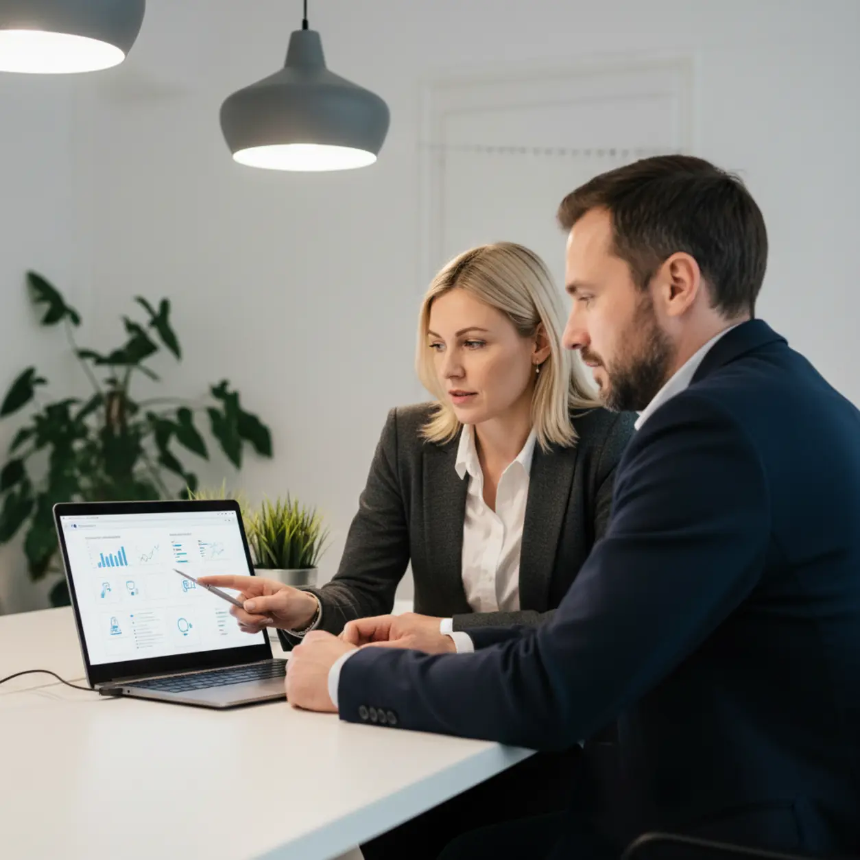 Dwoje biznesmenów omawia prezentację w nowoczesnym biurze.