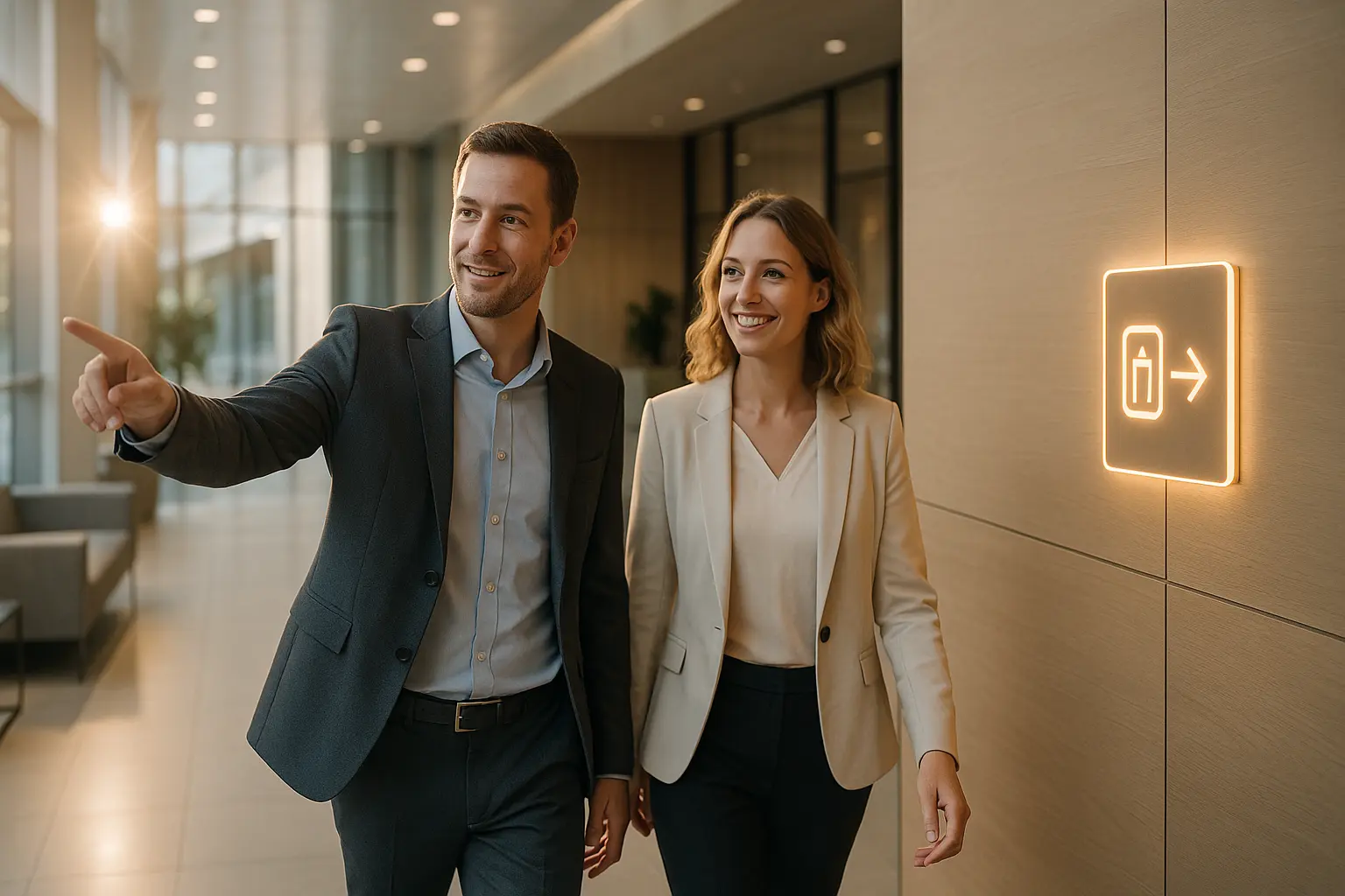 Dwoje ludzi w nowoczesnym biurze, minimalistyczne oznakowanie.