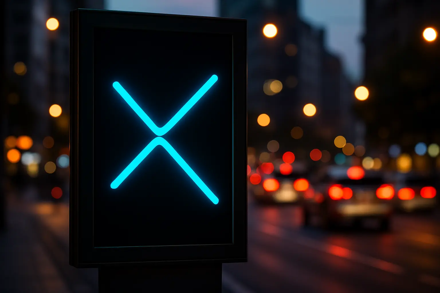 Neonowy billboard w mieście o zmierzchu.