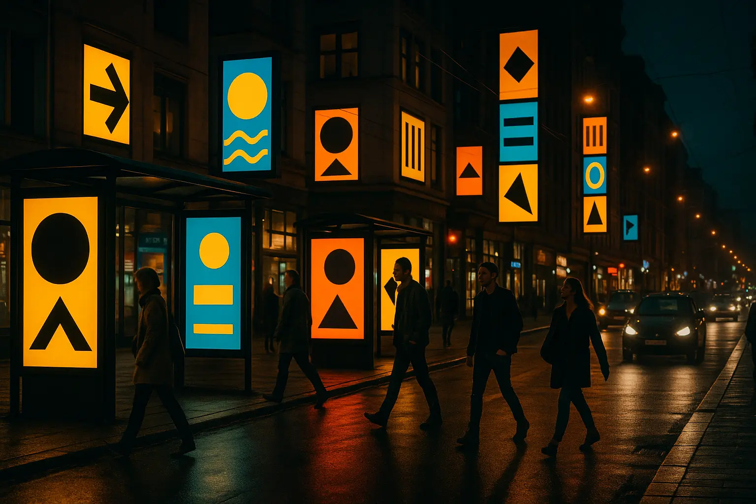 Nocne miasto, światła, ludzie, plakaty.