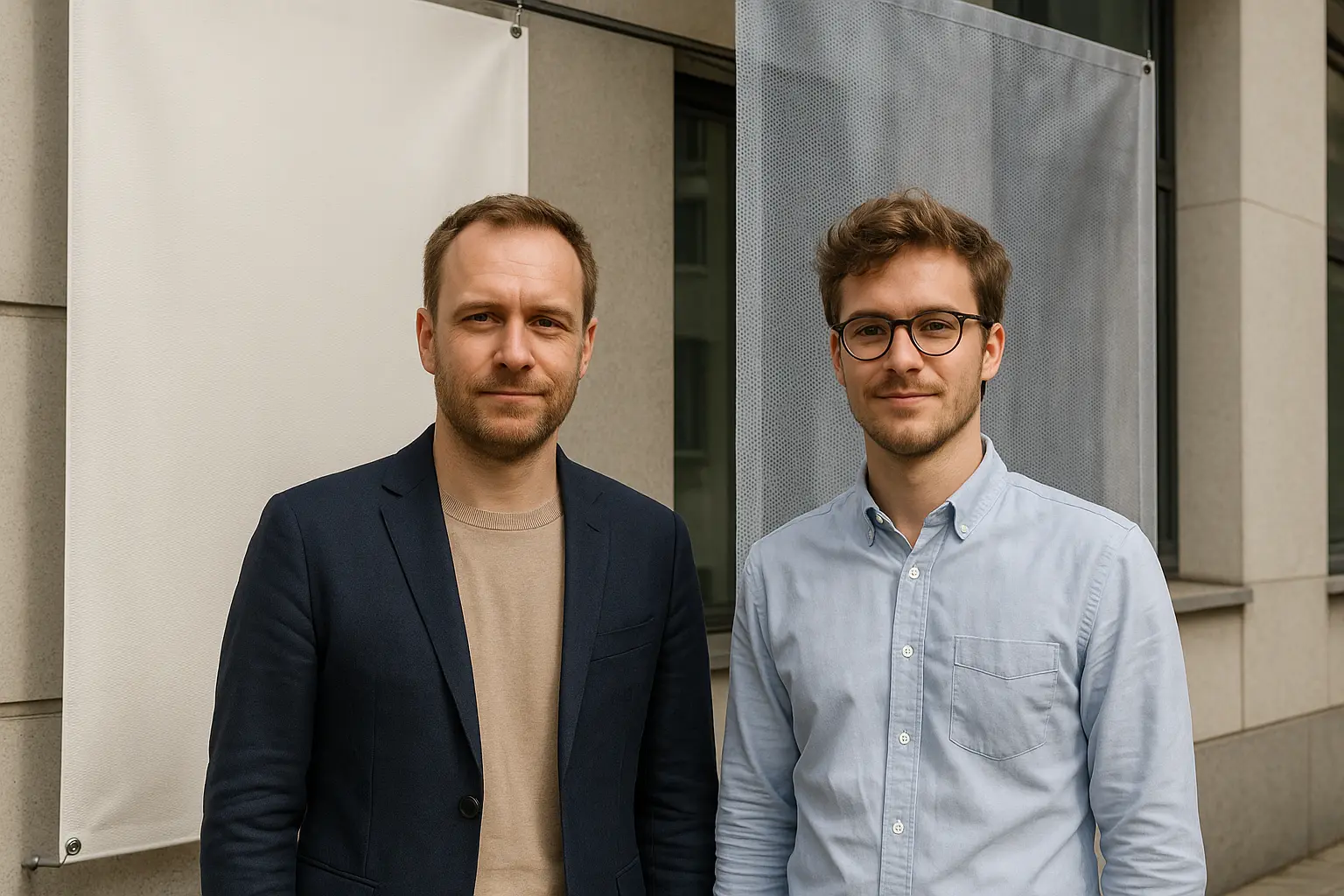 Dwóch mężczyzn, banery przed budynkiem.