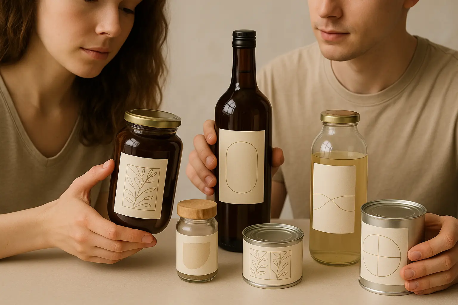 Kolekcja estetycznych etykiet na opakowaniach, z ludźmi.