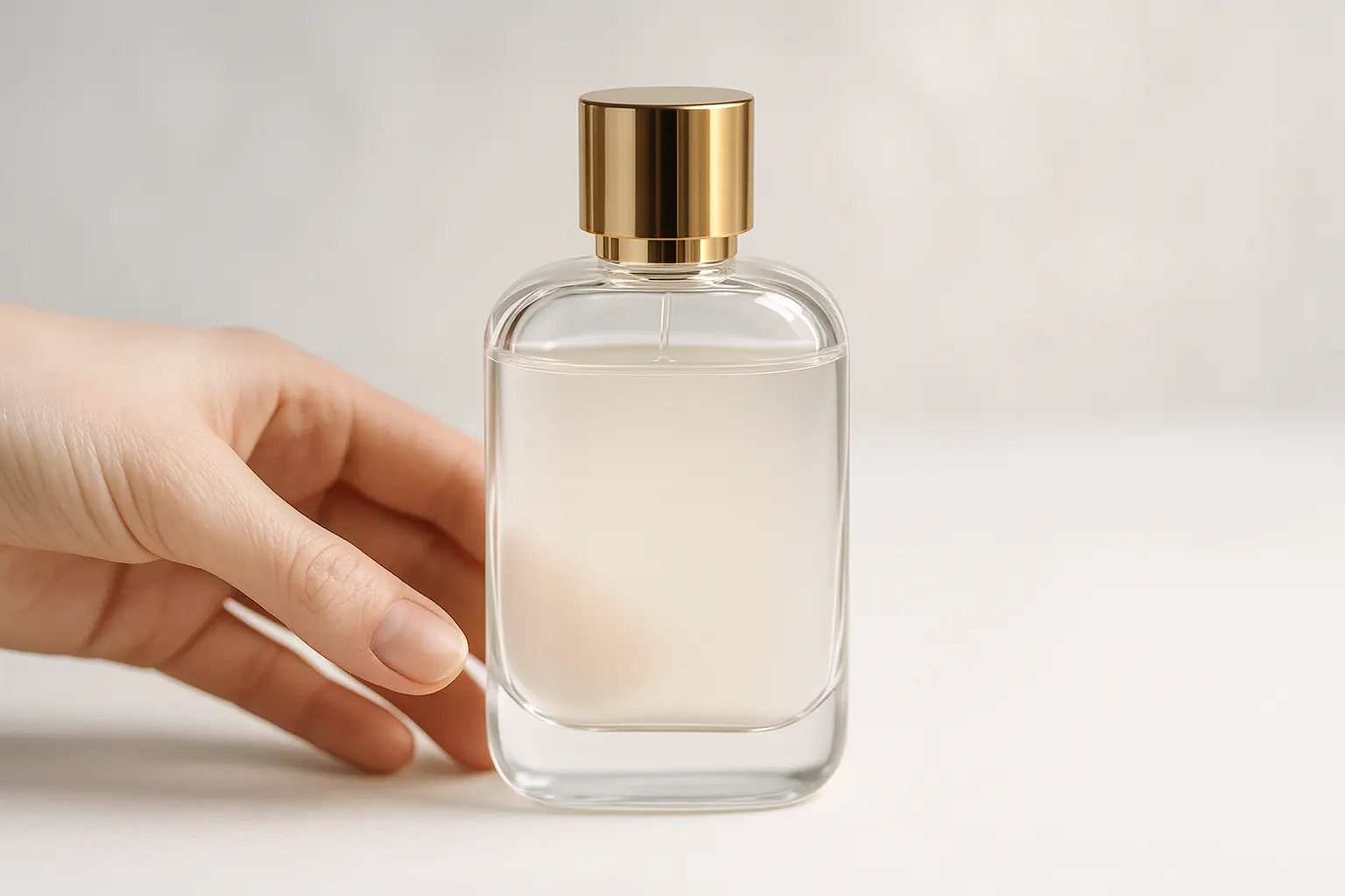 Butelka perfum, minimalistyczny design, białe tło.