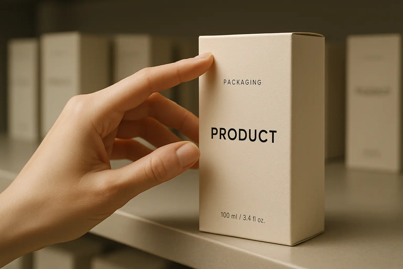 Biała dłoń dotyka eleganckiego opakowania.