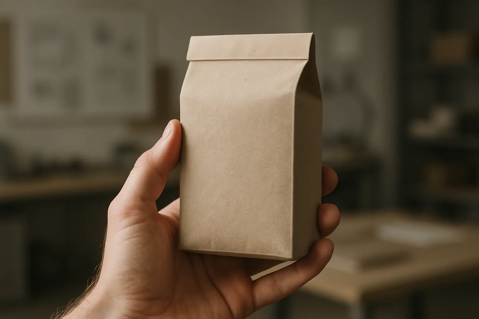 Biała dłoń z prototypem opakowania.