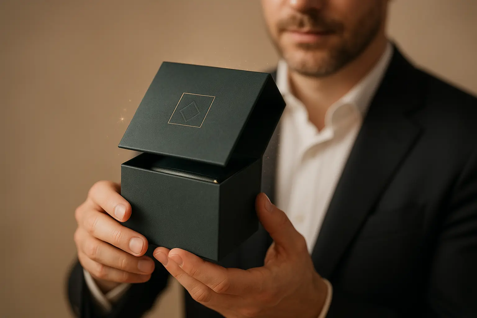 Luksusowe opakowanie z subtelnym złotym zdobieniem.