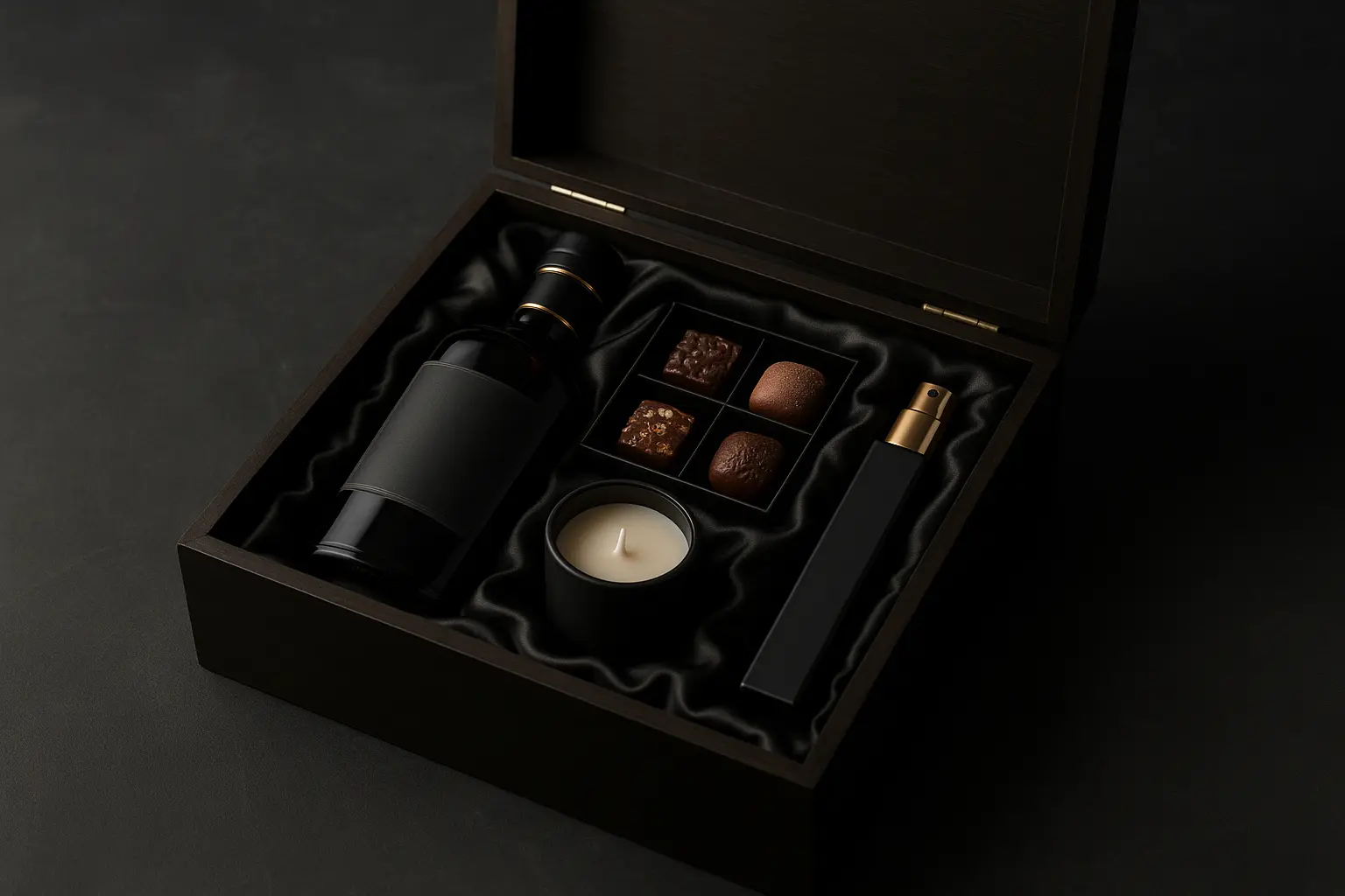 Elegancki zestaw prezentowy w drewnianej skrzynce.