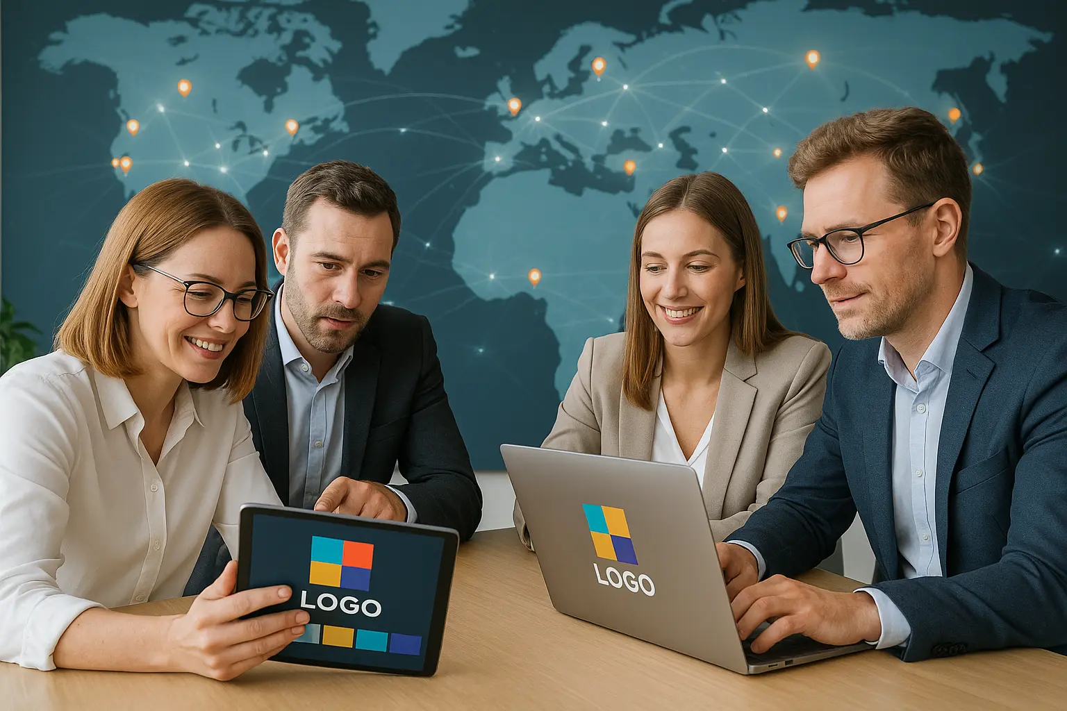 Biuro z mapą świata i dyskutującymi współpracownikami.