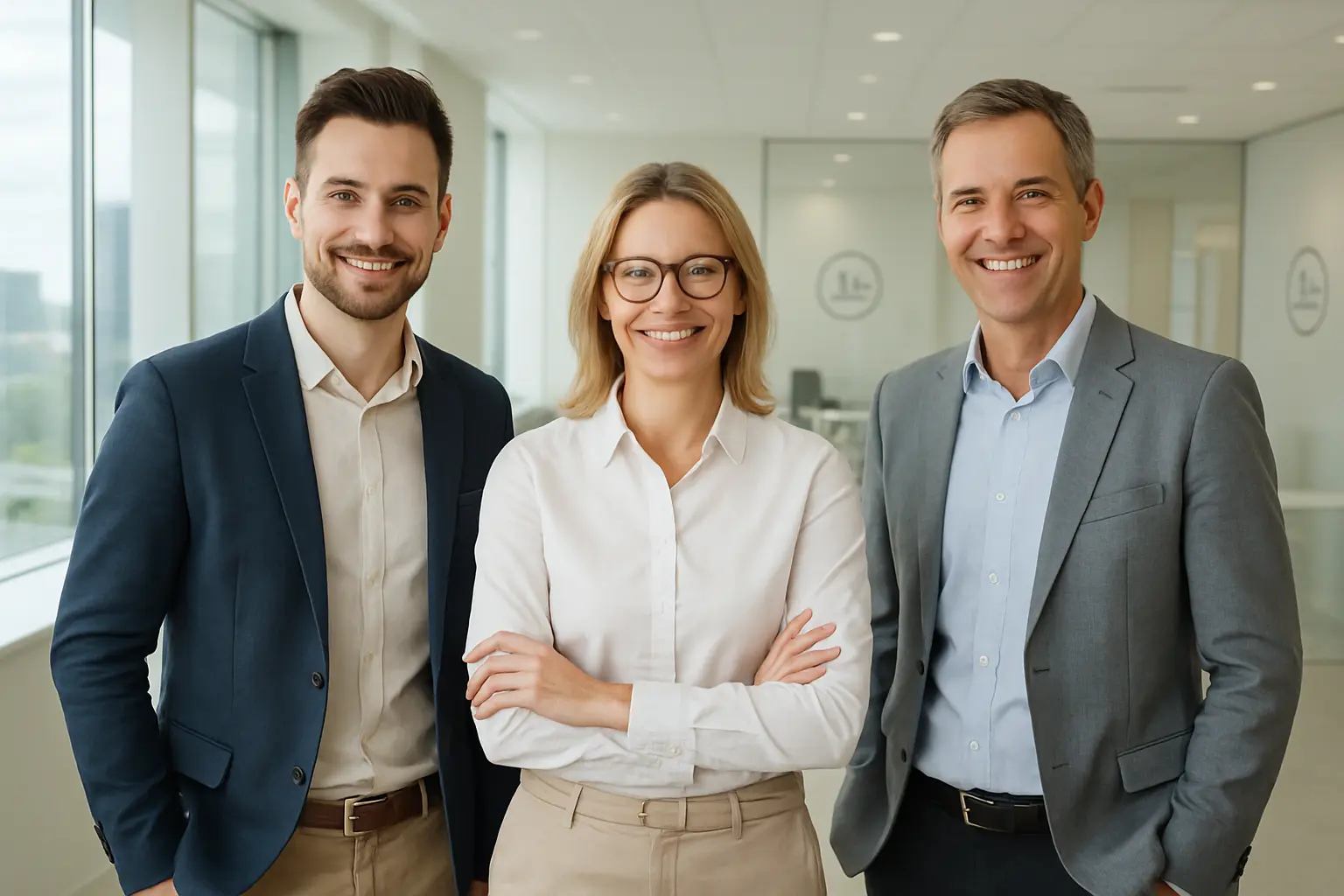 Trzy osoby w biurze, uśmiech, widok na miasto.