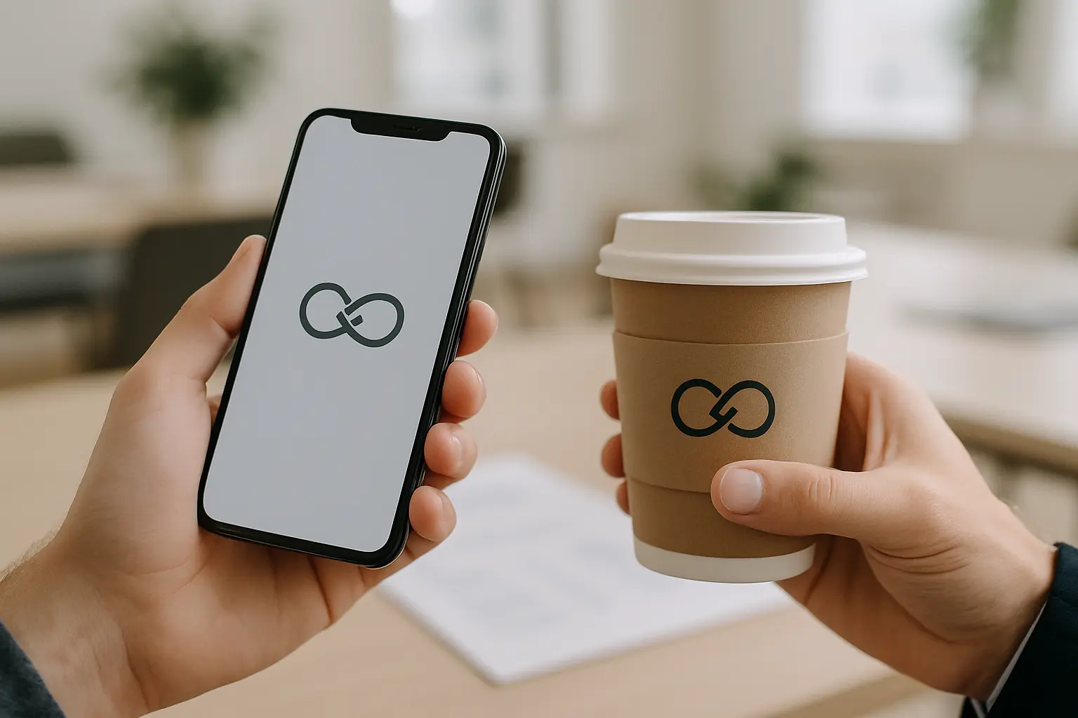 Dłonie z telefonem i kawą w coworkingu.