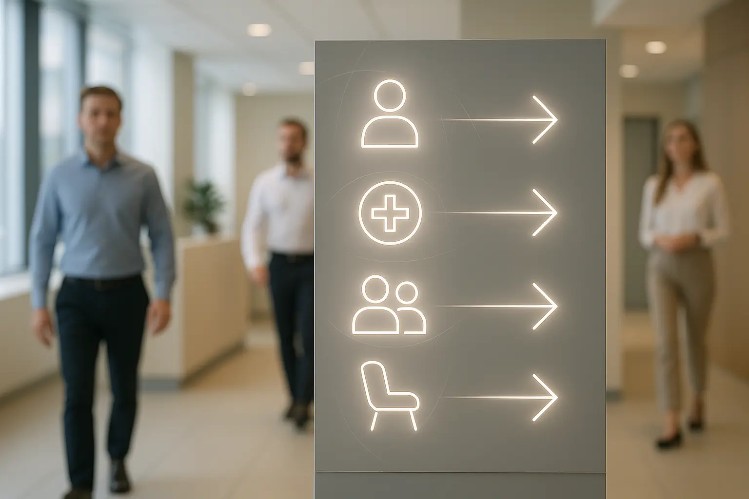 Nowoczesne biuro, minimalistyczna tablica informacyjna.