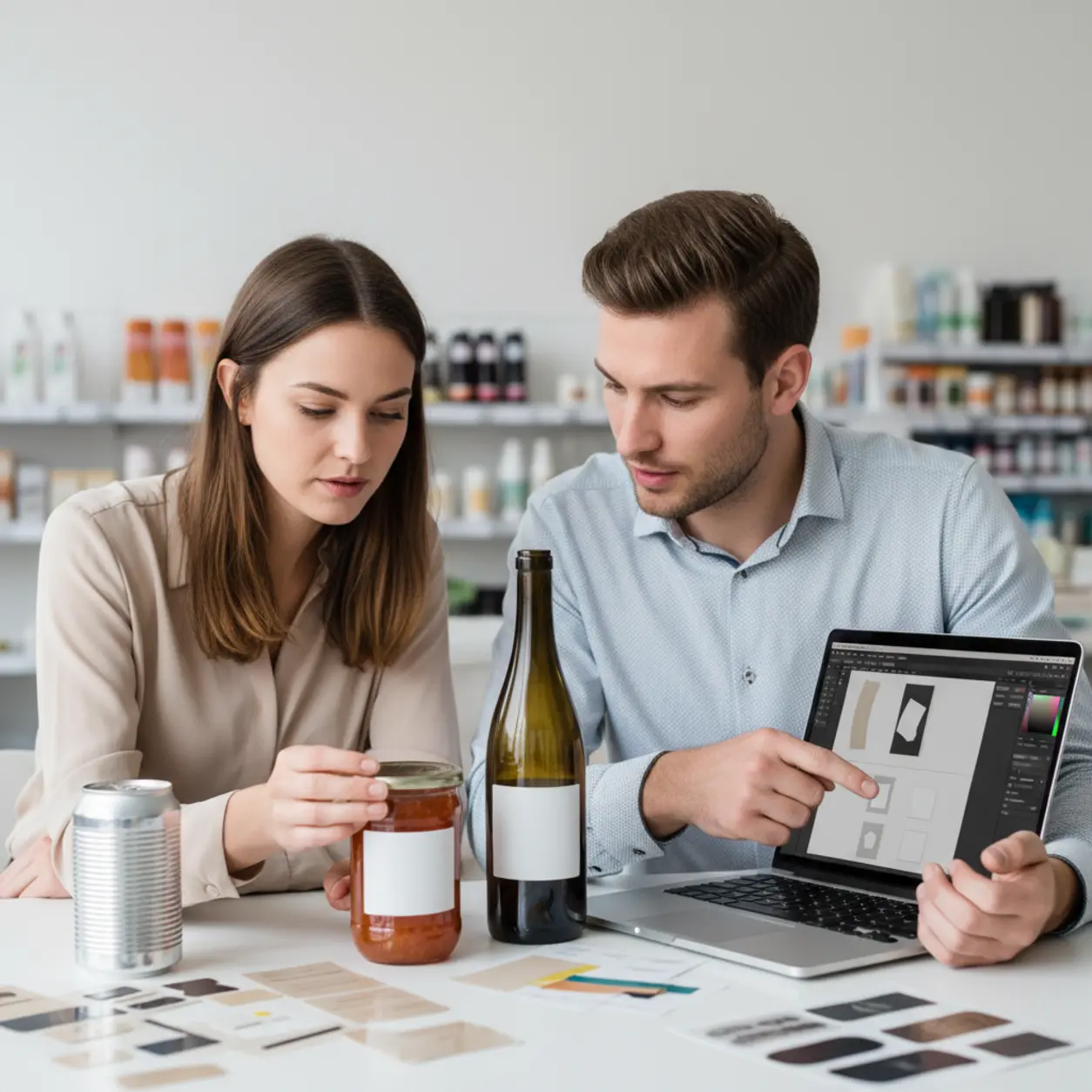 Kreatywne projektowanie etykiet: para w studio.