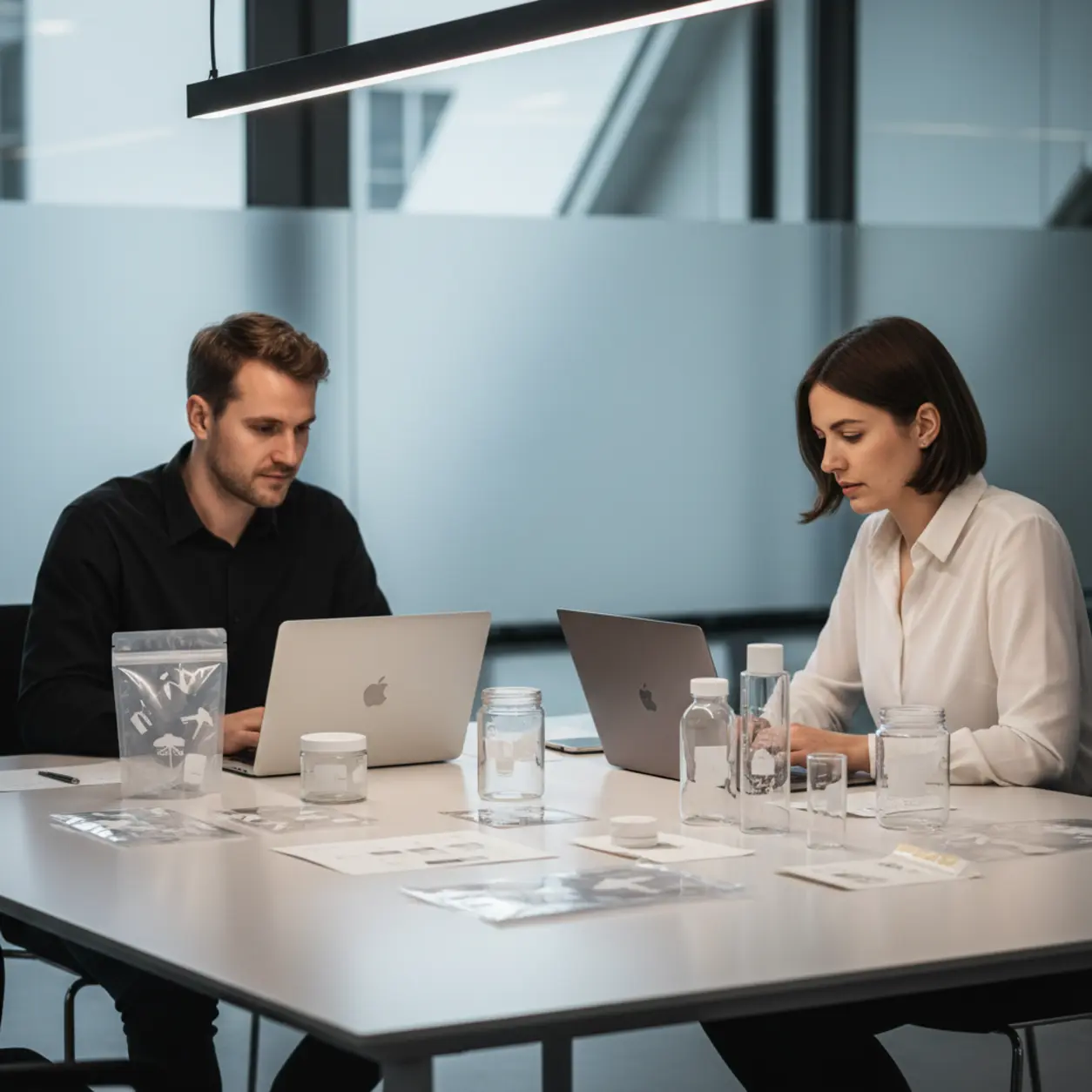 Dwoje ludzi przy stole z próbkami 