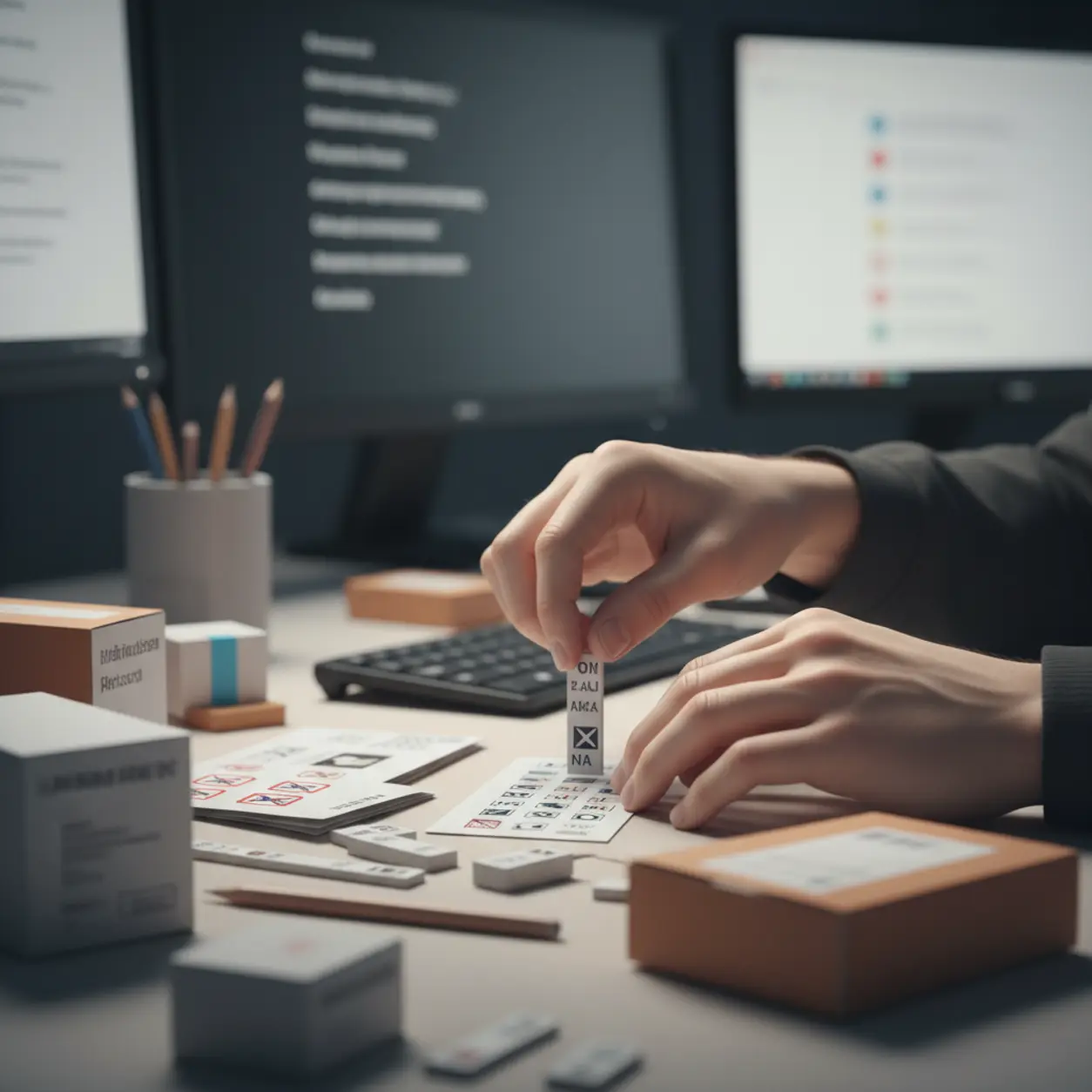 Dłonie układają etykiety wielojęzyczne.