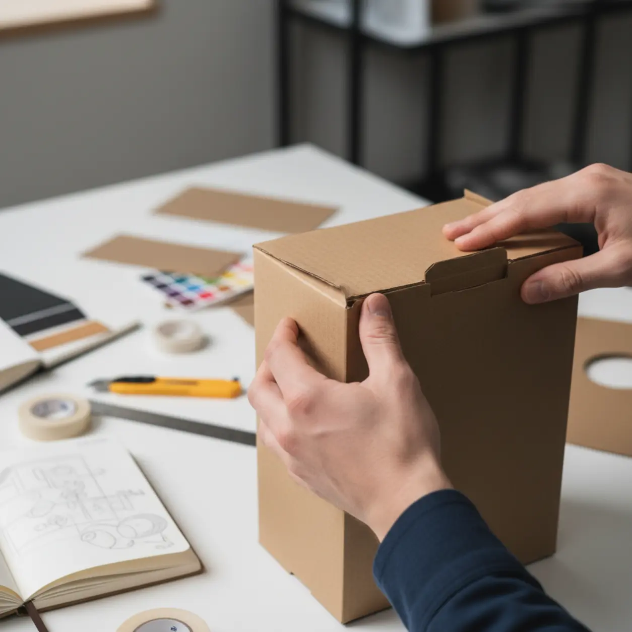 Biała dłoń składa kartonowe opakowanie.
