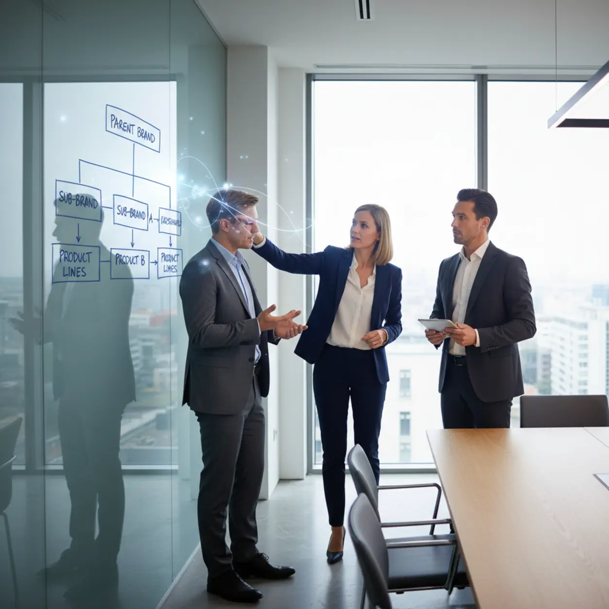 Biznesmeni omawiają schemat marki w minimalistycznym biurze.