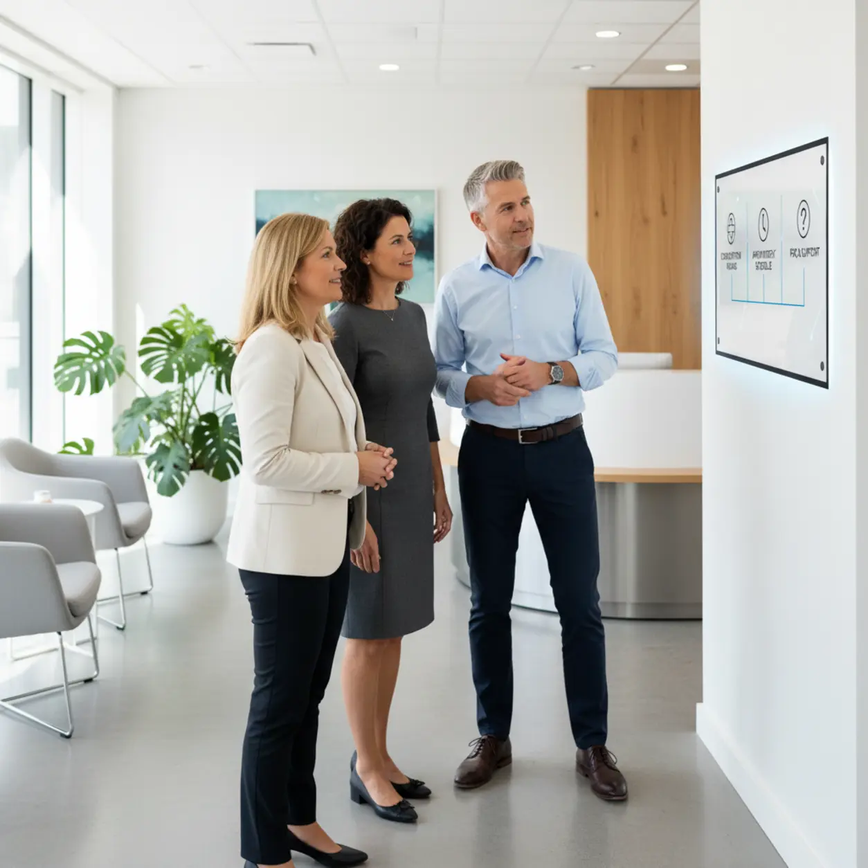 Trójka w biurze, tablica informacyjna.