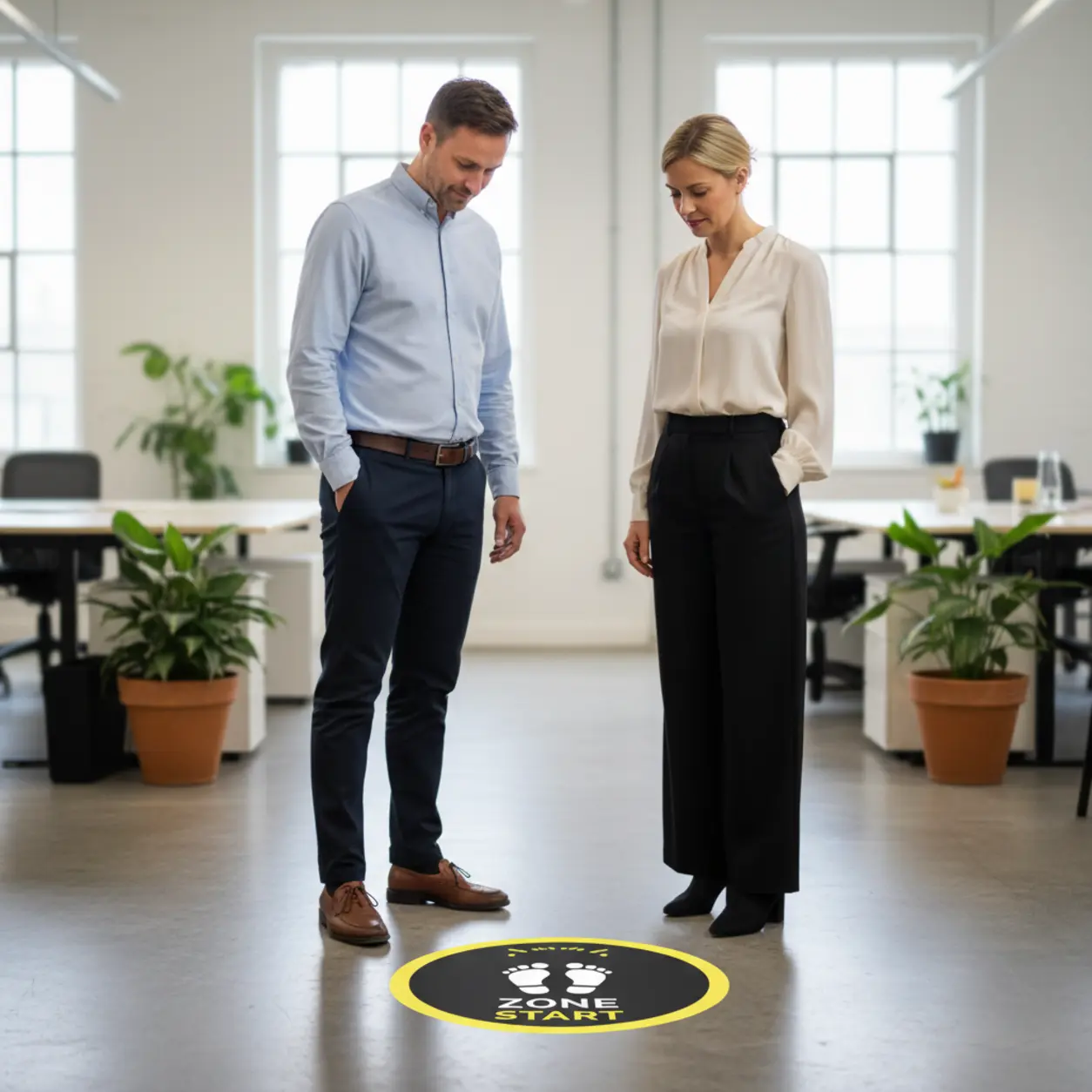 Dwoje ludzi i naklejka podłogowa w biurze.