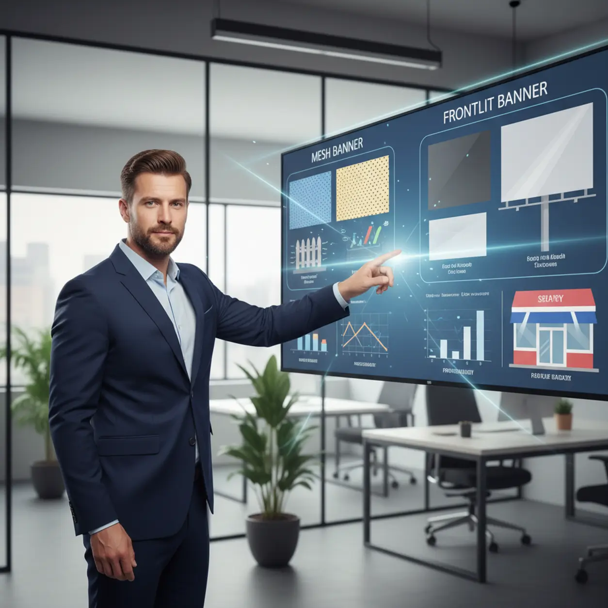 Marketing expert analizuje banery na ekranie.