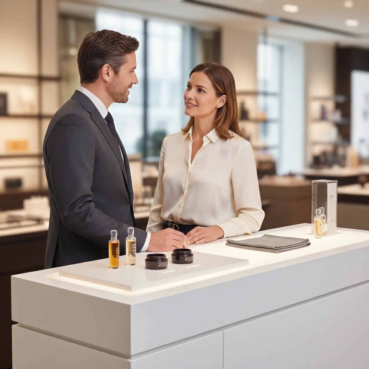 Minimalistyczny stand z produktami i elegancką parą.