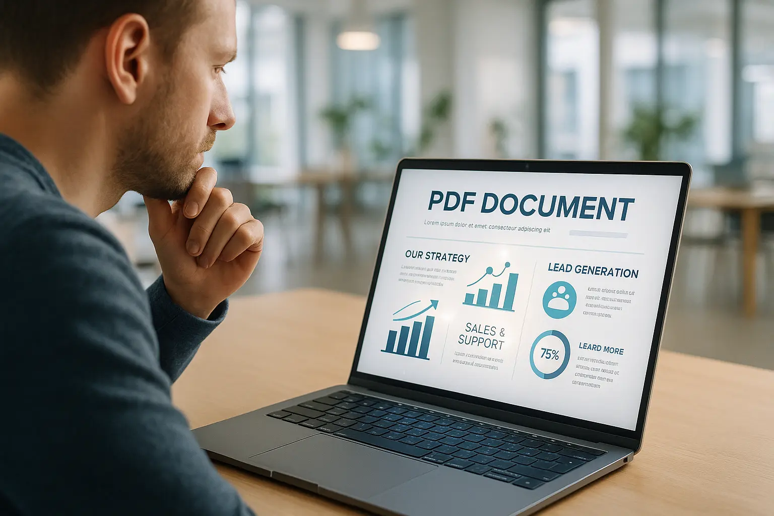 Osoba z dokumentem PDF SEO na laptopie.