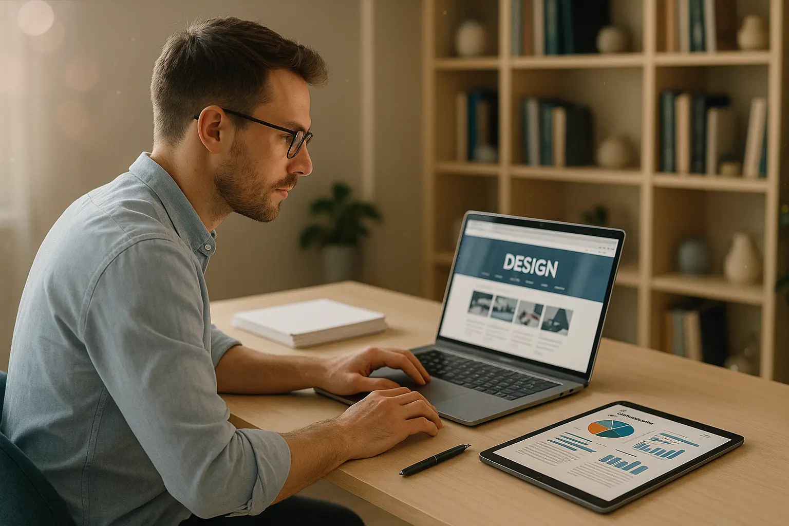 Mężczyzna w biurze domowym pracuje przy laptopie.