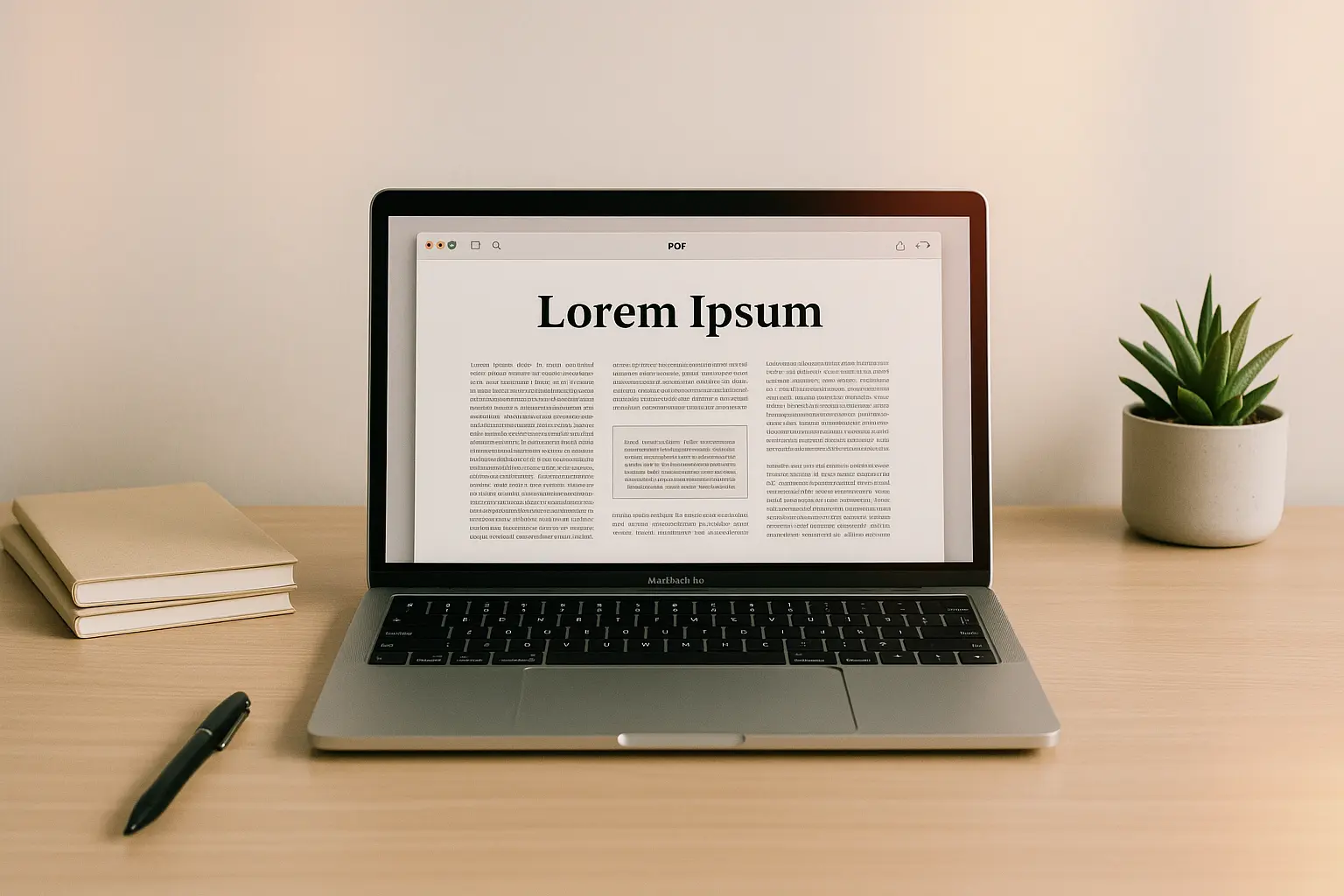 Minimalistyczne biurko z laptopem i dokumentem.