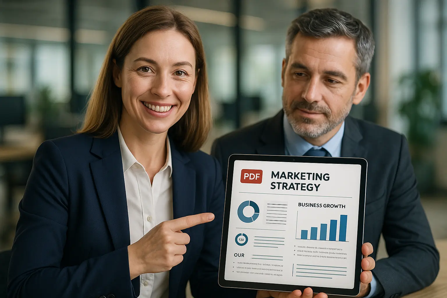 Kobieta wskazuje na tablet z PDF-em o strategii marketingowej.