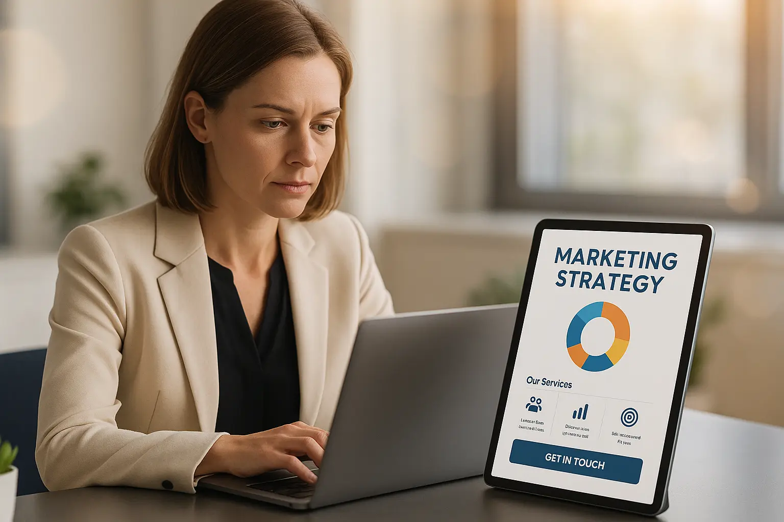Profesjonalna kobieta przegląda dokumenty marketingowe na laptopie i tablecie.