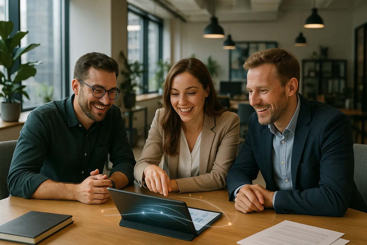 Zespół entuzjastycznie współpracuje w nowoczesnym biurze coworkingowym.