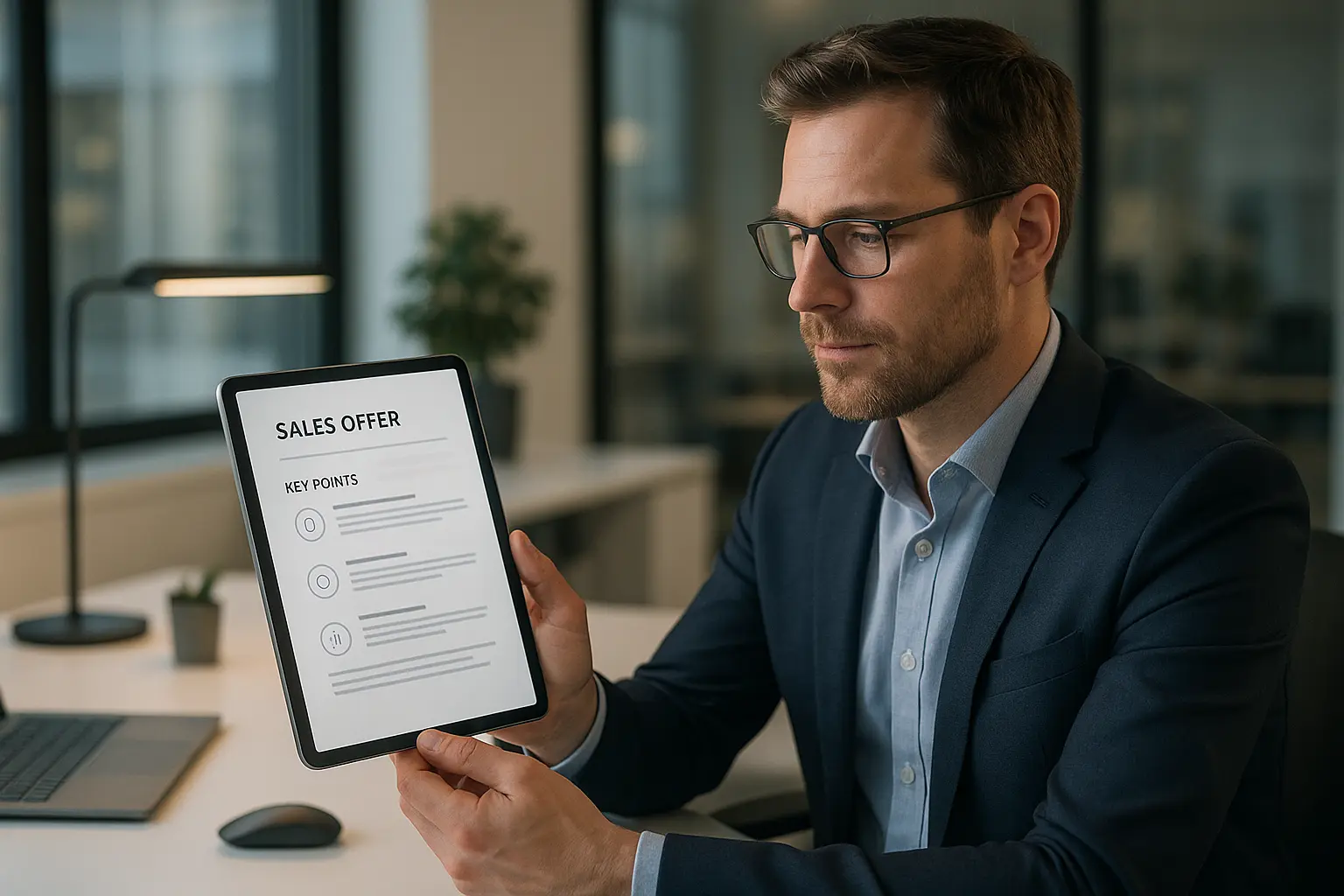 Biznesmen z tabletem w minimalistycznym biurze.