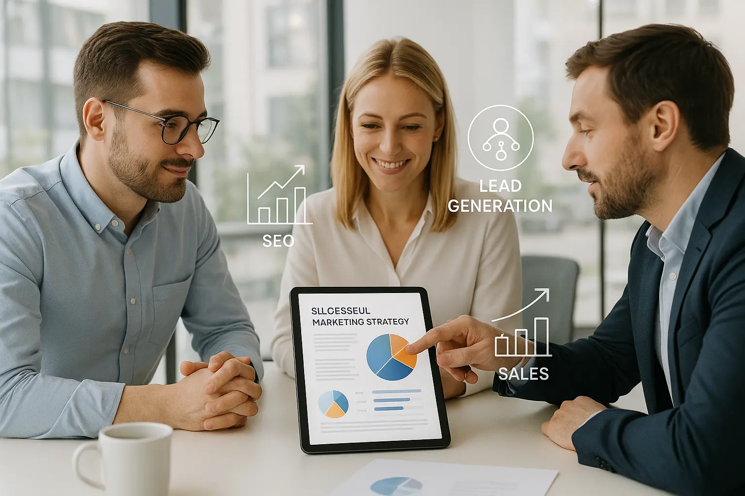 Współpraca w nowoczesnej sali konferencyjnej, omawianie strategii marketingowej na tablecie.