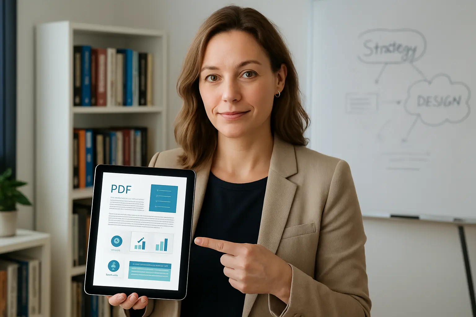 Kobieta wskazuje na tablet z dokumentem.